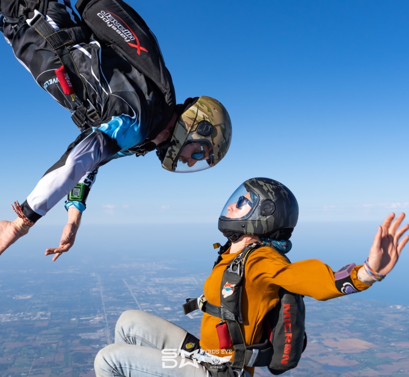 Two skydivers wearing camo G4 full face helmets freeflying